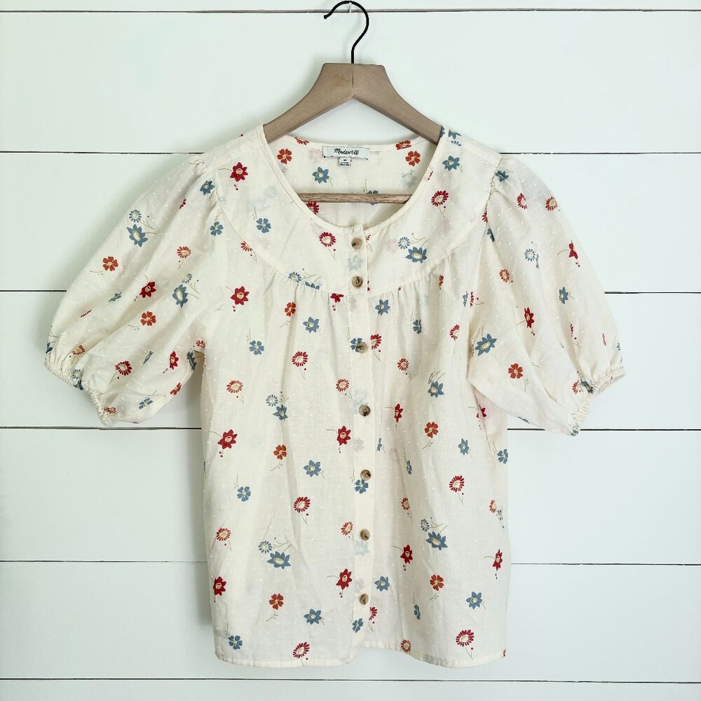 Madewell white button down top with flower pattern sz xs